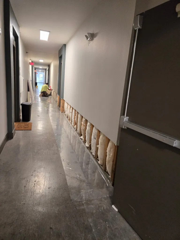 Commercial water restoration repair with wall cavity treatment and structural drying